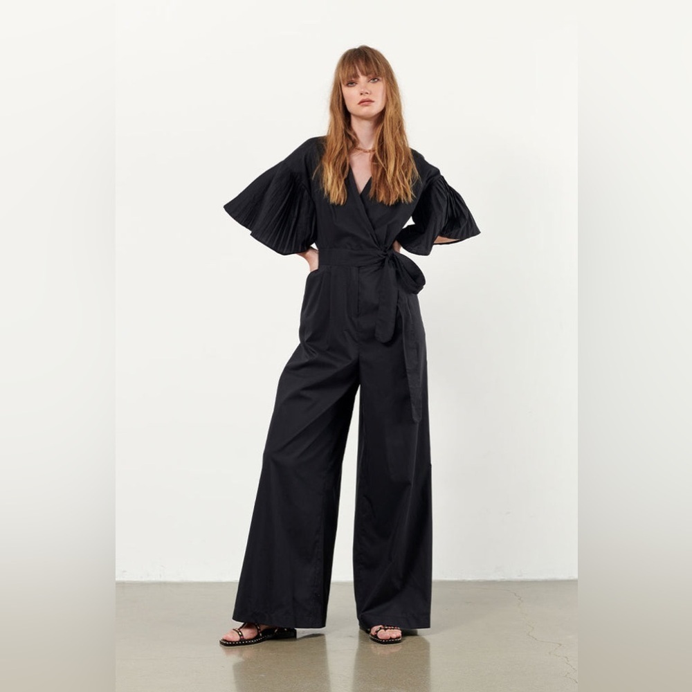 B.yu Wide-Leg Lightweight Jumpsuit with Flutter Sleeves in Black